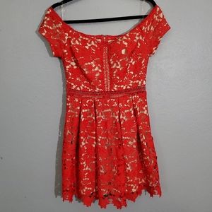 Francesca's Women's size Small, red floral lace midi dress.